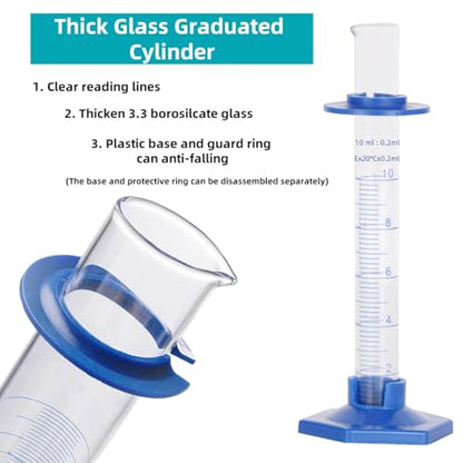 2Pcs 10ml Graduated Cylinder, Thick Glass Measuring Cylinder, with Anti-Falling Plastic Base and Bumper Guards, for Science Laboratory Measuring Liquid, Bring 2 Brushes and droppers - size: 10ml