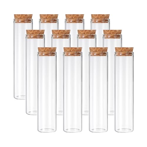 PATIKIL 60ml Test Tubes, 12pcs 4.72x1.18 Glass Clear Flat Bottom Test Tube Containers with Cork Stopper for Bead Party Candy Bath Salt Storage Scientific Experiment Plant Propagation - size: 60ml