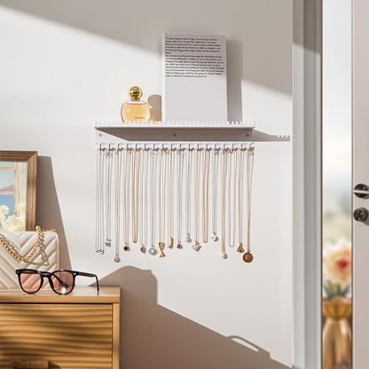Necklace Holder Wall Hanging Organizer: Wall Mounted Jewelry Shelf with 56 Hooks and Tray, Display Hanger for Kids, Girls and Women, White & Metal - color: white