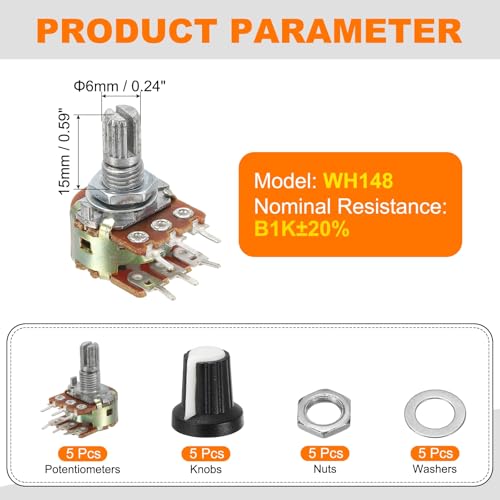 MECCANIXITY 5 Set WH148 B1K Ohm Potentiometer Kit 15mm Shaft White - size: 15mm, style: B1K