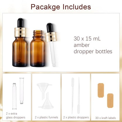 30 Pack 15ml Amber Glass Sample Dropper Bottles with Golden Caps - color: Amber, size: 15mL-30pcs