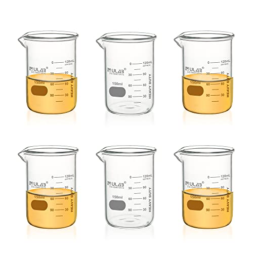 ULAB Heavy Duty Glass Beakers, 6pcs of Vol.150ml(5.07oz), Borosilicate 3.3 Glass, Thick Wall Beakers, with Double Scale, Superior Durability & Chemical Resistance, UBG1052 - style: 6pcs of Vol.150ml