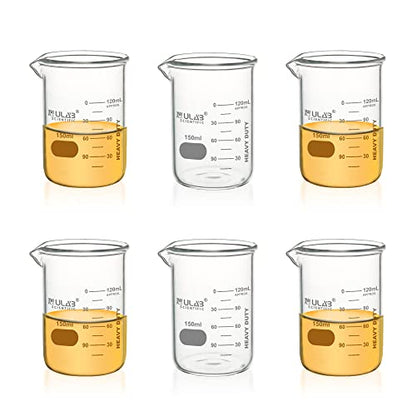 ULAB Heavy Duty Glass Beakers, 6pcs of Vol.150ml(5.07oz), Borosilicate 3.3 Glass, Thick Wall Beakers, with Double Scale, Superior Durability & Chemical Resistance, UBG1052 - style: 6pcs of Vol.150ml