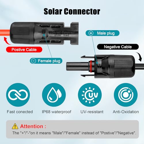 10 AWG Solar Extension Cable 2FT Black + 2FT Red, 10 Gauge Solar Panel Wire Male to Female Tinned Copper Wire for Solar Panel, Automotive, RV, Boat, Outdoors - size: 10AWG 2FT