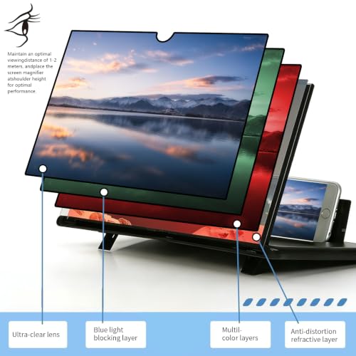 16" Mobile Phone Screen Magnifier, 3D HD Screen Amplifier Projector for Movies, Anti-Blue Light Eye-Protecting Screen with Mobile Phone Holder (Black, 16 Inch) - size: 16 Inch