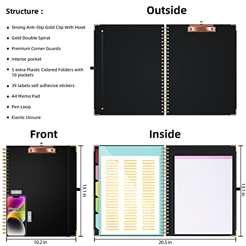 Ospelelf Clipboard with Storage 8.5 X 11，Padfolio Organizer, Spiral Portfolio Letter Size with Notepad, Pen Holder, 5 Extra Folder Divider Pages, Elastic Closure Nurse Office Essentials (Black) - color: Black
