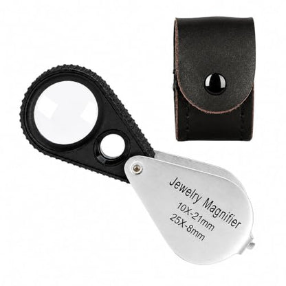 Dual Lens Jewelers Loupe Magnifier, 10X & 25X Pocket Foldable Jewelry Magnifier with 21mm and 8mm Optical Glass, Stainless Steel Body, Dual Lens Loupe for Jewelry, Gems, Coins, Stamps, Watch, etc