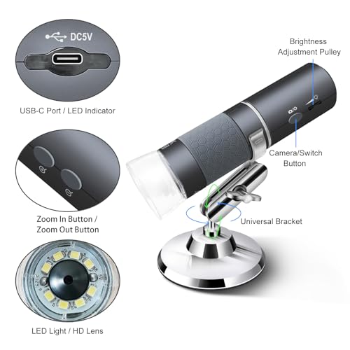 4K WiFi Microscope for iPhone Android PC, 50-1000X USB Digital Microscope Wireless Super HD Endoscope Camera Compatible with All Cellphones iPad Android Tablet Windows Mac Chrome Linux - color: Grey