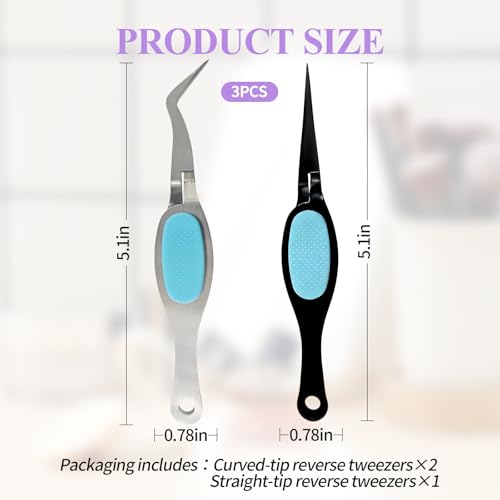 3PCS Reverse Tweezers Craft Tweezers with Soft Grip Crossing Lock for Crafting Precision Tools for Stickers, Jewelry Repair, and DIY Projects (Straight & Curved Tips) - size: 3PCS