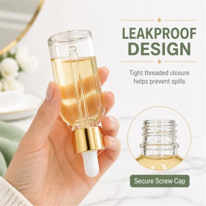 PrettyCare Glass Dropper Bottles 99 Pack, 1oz (30ml) Clear Empty Thick Bottles Bulk with Leakproof Golden Caps - With Labels & Funnels for for Storage, Travel,Essential Oils, DIY Serums - color: 1oz Clear, style: 99 Pack
