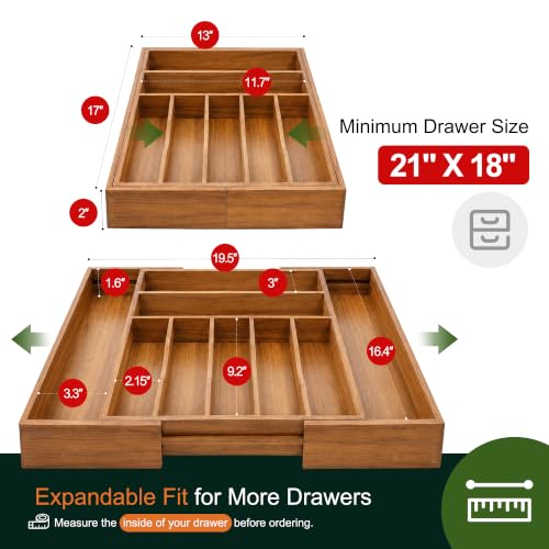 Large Premium Acacia Silverware Organizer - Expandable Drawer Organizer & Utensil Organizer - 17"x19.7" Cutlery Tray with Dividers for Kitchen Utensils and Flatware (7-9 Slots) Acacia - color: Acacia, size: 9 Slots Expandable