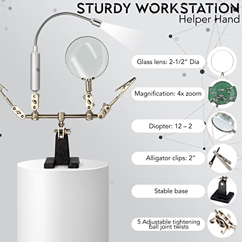 RamPro - Helping Hand Magnifier Glass Stand - Magnifying Lens, Perfect for Soldering, Crafting & Inspecting Micro Objects - size: 3X Magnification - With LED Light