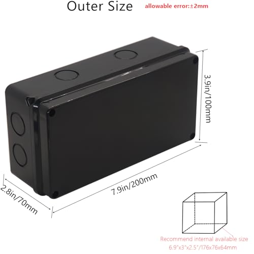 Outdoor Waterproof Box,Junction Box Reserved Holes IP65 ABS Plastic Electrical Boxes Power Cord Enclosure Project Box Black Outer Size 7.9 x 3.9 x 2.8 inch(200x100x70mm) - size: 7.9" x 3.9" x 2.8"
