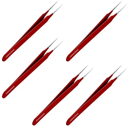 Ingrown Hair Tweezers | Pointed Tip | Red | 5 Pack | Precision Stainless Steel | Extra Sharp and Perfectly Aligned for Ingrown Hair Treatment & Splinter Removal For Men and Women | By Tweezees - size: 5 Pack