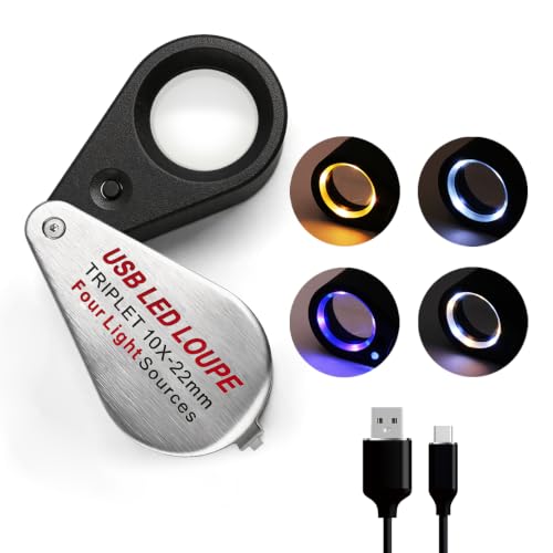 10X Jewelers Loupe Magnifier Rechargeable with Four Light Modes (UV & LED) - color: Silver