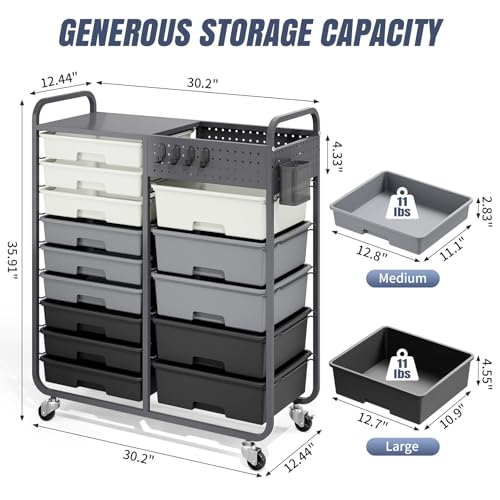 14 Drawer Rolling Storage Cart with Tabletop and Pegboard for Crafts Grey - color: Grey