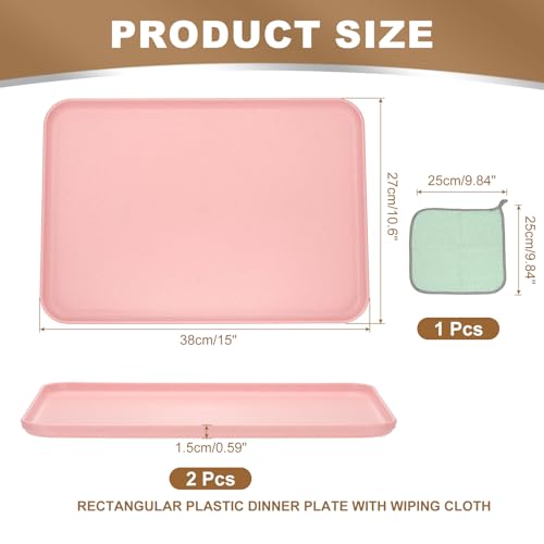PATIKIL 15x10.6 Plastic Tray, 2 Pack Rectangular Plates Food Tray Wheat Plates Dishes Reusable Dessert Plate Trays with Cloth for Cake Fruits Salad Cupcake Steak Serving Pink - color: Pink, size: L(15"x10.6")