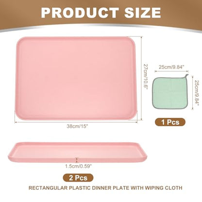 PATIKIL 15x10.6 Plastic Tray, 2 Pack Rectangular Plates Food Tray Wheat Plates Dishes Reusable Dessert Plate Trays with Cloth for Cake Fruits Salad Cupcake Steak Serving Pink - color: Pink, size: L(15"x10.6")
