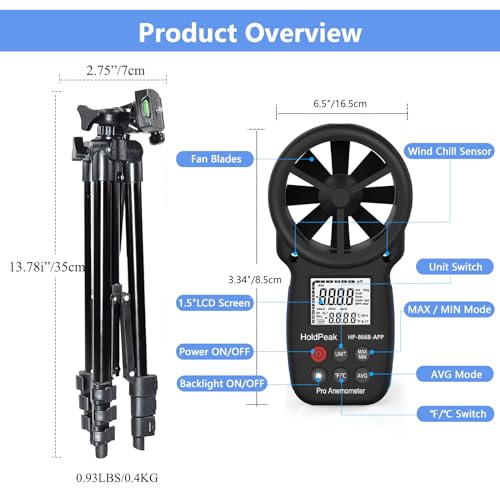 HoldPeak Handheld Anemometer Bluetooth with Tripod, Digital Wind Speed Gauge Meter, Air Flow Velocity Temperature CFM Measuring Device for HVAC Outdoor Sailing Shooting Golf, 866B-APP