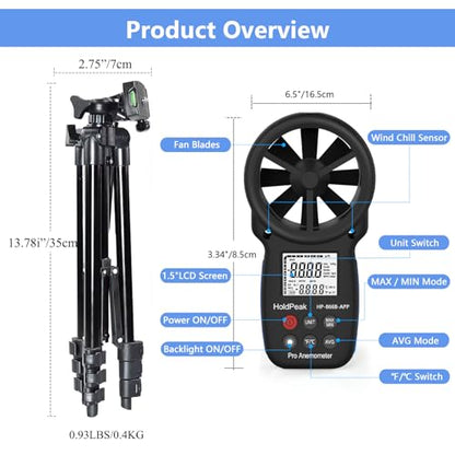 HoldPeak Handheld Anemometer Bluetooth with Tripod, Digital Wind Speed Gauge Meter, Air Flow Velocity Temperature CFM Measuring Device for HVAC Outdoor Sailing Shooting Golf, 866B-APP