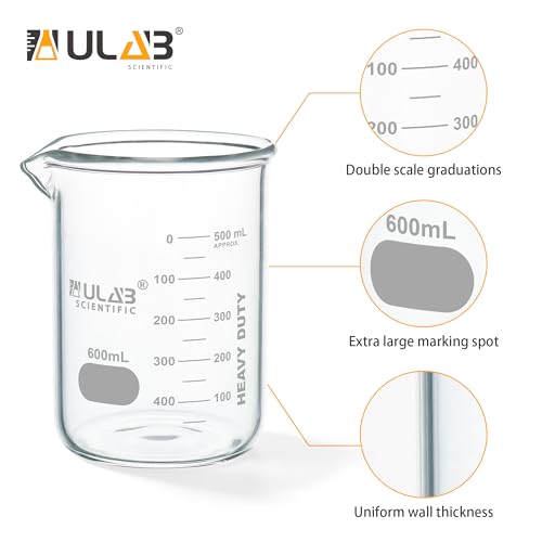 ULAB Scientific Glass Beakers, Vol. 600ml, 3.3 Borosilicate Griffin Low Form with Printed Graduation, Pack of 3, UBG1039 - style: Vol.600ml, Pack of 3