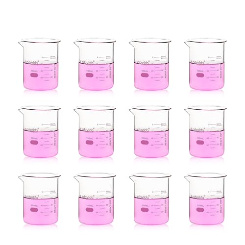 12pcs 100ml Upgrated Thick Glass Beakers, Griffin Low Form Beaker Set with Double Scale, 3.3 Boro, LVA005 - style: 12pcs of Vol.100ml