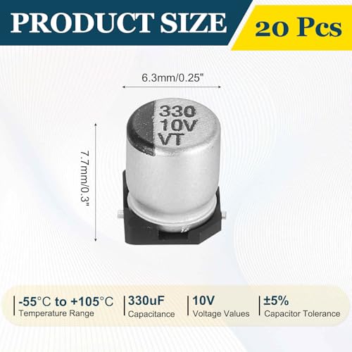 MECCANIXITY 330uF 10V Aluminum Electrolytic Capacitors, 6.3x7.7mm, 20pcs - size: 6.3x7.7mm, style: 330uF 10V