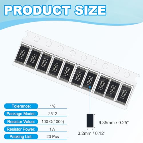 PATIKIL 2512 Surface Mount Device Chip Resistor Kit, 20Pcs 100 Ohm 1% Tolerance 1W DIY Resistor Ceramic Resistance Assortment Kits for Electronic Products - style: 100 Ohm