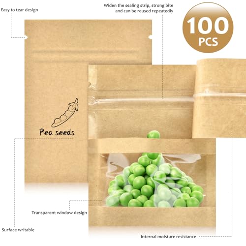 100 Pcs Small Resealable Seed Envelopes, Mini Kraft Bags with Window, 2.7"x3.5" Seed Packets Empty, Coffee Sample Bags, Food Spice Storage Bag - size: 2.7"x3.5"
