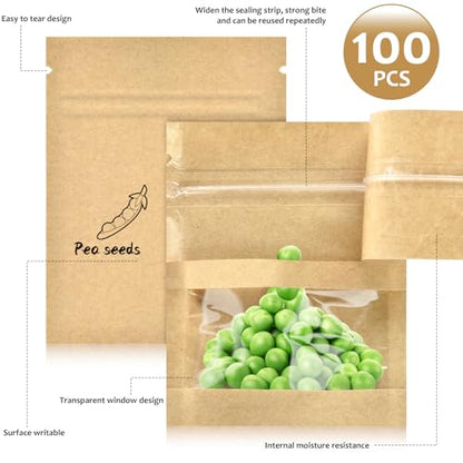 100 Pcs Small Resealable Seed Envelopes, Mini Kraft Bags with Window, 2.7"x3.5" Seed Packets Empty, Coffee Sample Bags, Food Spice Storage Bag - size: 2.7"x3.5"