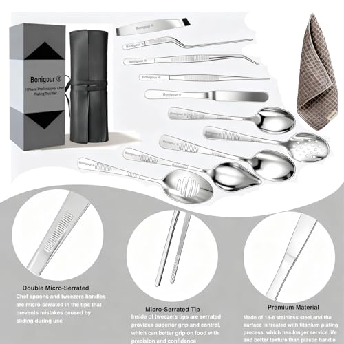 | Plating Tools Culinary Set | 11 Piece Professional Chef Plating Tools Pro Kit | Kitchen Plating Utensils | Modernist Cuisine Food Art | Stainless Steel | Black (Silver) - color: Silver