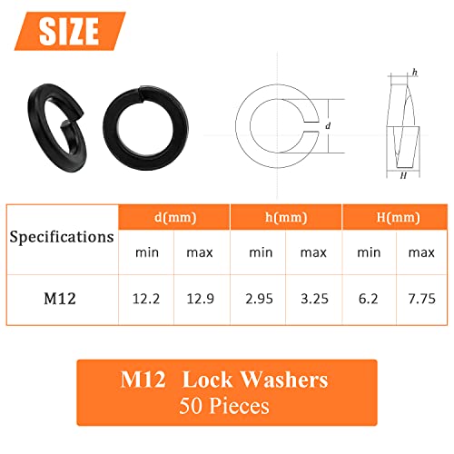 HELIFOUNER 50 Pieces 8.8 Grade Alloy Steel M12 Split Lock Washers, Spring Lock Washers for Screws Bolts, Black - color: Black, size: M12 (50 PCS)