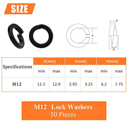 HELIFOUNER 50 Pieces 8.8 Grade Alloy Steel M12 Split Lock Washers, Spring Lock Washers for Screws Bolts, Black - color: Black, size: M12 (50 PCS)
