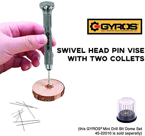 GYROS Swivel Head Pin Vise Hand Drill, 0"(0mm) to 1/8"(3.175mm) w/Anti-Slip Nickel Plated Steel Body & 2 Reversible Collets, Small Hand Drill for Precision Drilling of Jewelry, Plastic, & Wood
