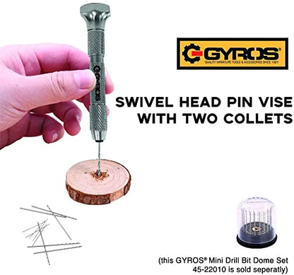 GYROS Swivel Head Pin Vise Hand Drill, 0"(0mm) to 1/8"(3.175mm) w/Anti-Slip Nickel Plated Steel Body & 2 Reversible Collets, Small Hand Drill for Precision Drilling of Jewelry, Plastic, & Wood