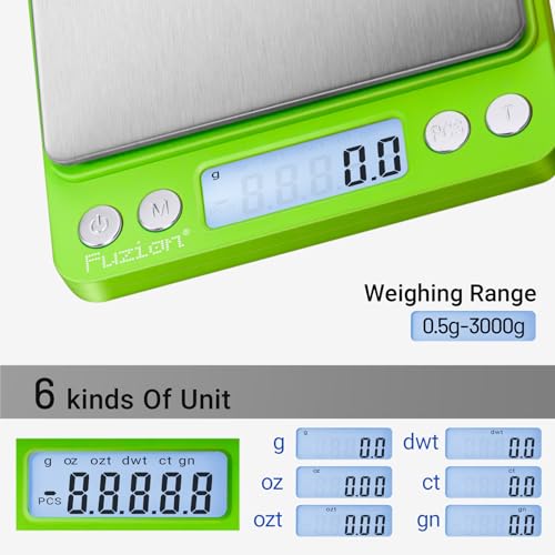 Fuzion Small Gram Scale 3000g, Digital Kitchen Food Scale, Gram and Ounce - color: Green