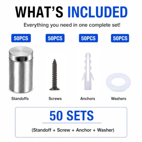 DAJAVE 50 Pack 1/2x 3/4 Inch Standoff Screws, Stainless Steel Sign Standoffs, Stand Off Wall Sign Mounting Hardware for Hanging Acrylic Frame, Glass Mounting, Office Signs, Includes Screws & Anchors