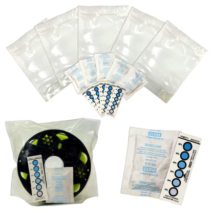 3D Printer Filament Storage Kit (Pack of 5) Includes: 5 Resealable Nylon/LDPE Gusseted Plastic Bags, 5 Large Oversize Rechargeable Clay Desiccant Drying Packs, 5 Humidity Indicator Cards