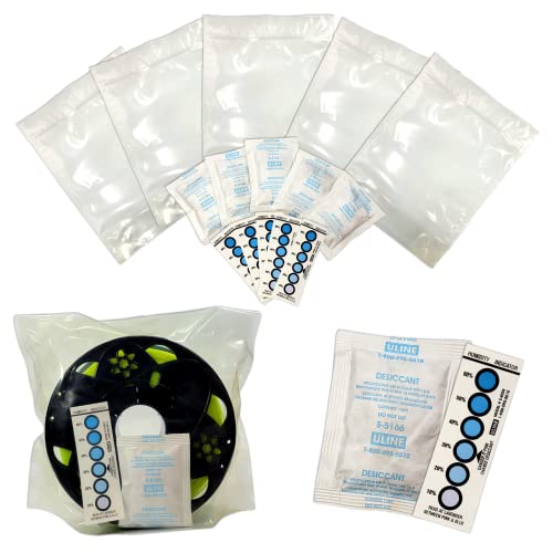 3D Printer Filament Storage Kit (Pack of 5) Includes: 5 Resealable Nylon/LDPE Gusseted Plastic Bags, 5 Large Oversize Rechargeable Clay Desiccant Drying Packs, 5 Humidity Indicator Cards