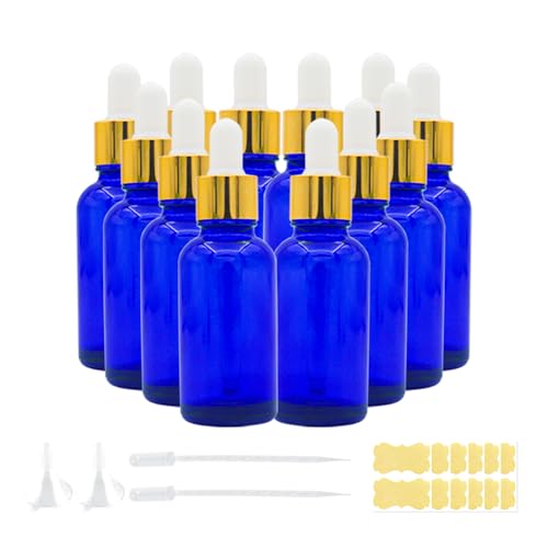 12 Pack Blue Glass Dropper Bottle, 1 oz, with Eye Dropper and Gold Cap, Leak Proof Travel Bottle for Essential Oils/Chemistry Lab Chemicals/Cologne and Perfume - color: Blue, size: 1 Ounces