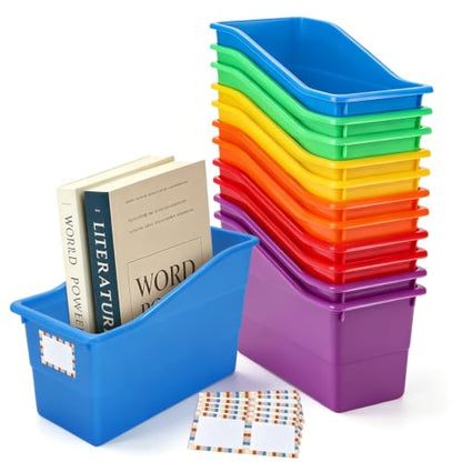 12 Pack Book Bins for Classroom Stackable Plastic Storage with Labels - color: Rainbow