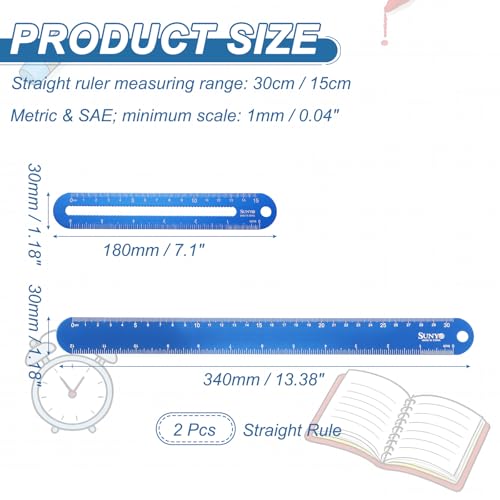HARFINGTON 2pcs Metal Straight Ruler 12"+6" Metric SAE Dark Blue - color: Dark Blue