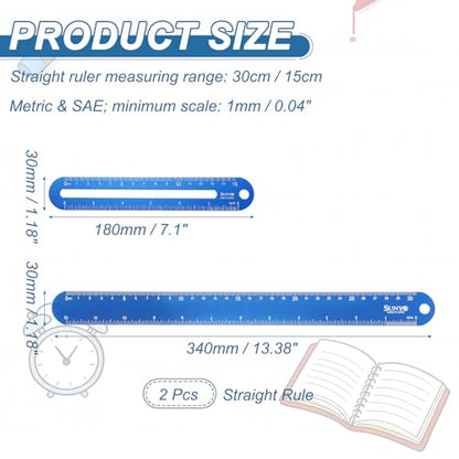 HARFINGTON 2pcs Metal Straight Ruler 12"+6" Metric SAE Dark Blue - color: Dark Blue
