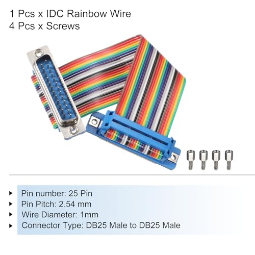 MECCANIXITY IDC Rainbow Wire Flat Ribbon Cable DB25 Male to DB25 Male 3.9 Inch Length 2.54mm Pitch Breadboard Jumper Wires for Electronic Projects - size: 3.9 Inch, style: DB25 Male to DB25 Male