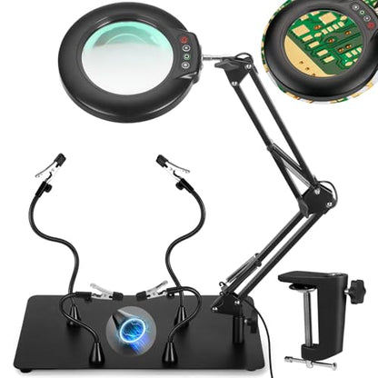 IVMAIE 12X Helping Hands Soldering Station, Magnifying Glass with light, 4 Magnetic PCB Holder Arms, Non-Slip Weighted Base Magnifier, Third Hand Soldering Tool for Soldering Jewelry Hobby Craft