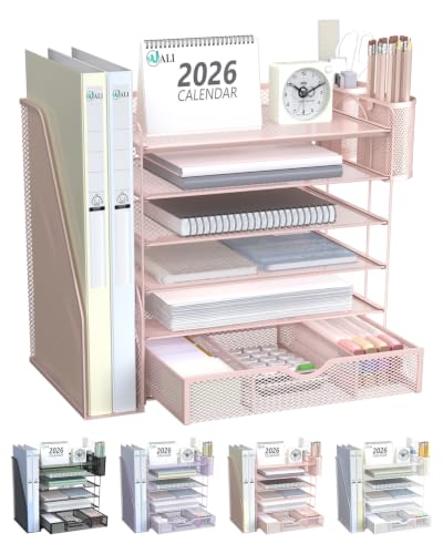 WALI Desk File Organizer, 6 Tier Desktop Paper Letter Tray Organizer with Drawer and 2 Pen Holders, Office Desk Accessories & Workspace Organizers for Office, Home Supplies(DO007DH-P), 1 Pack, Pink - color: Pink, size: 6 Tier