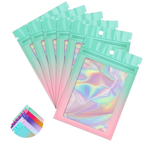 Funfery 100 Pack Gradient Holographic Bags,Mylar Resealable Bags with Zipper,Clear Window Packaging Pouchs,Foil Smell Proof Bag for Food Storage,Sample Jewelry Baggies(4×6In,Green Pink) - color: Green Pink, size: 4x6 Inch