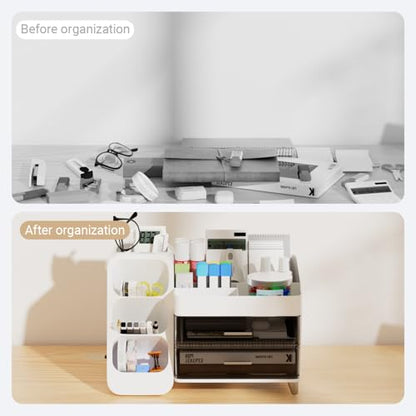 White Desk Organizer with Drawers, 2-Tier Desktop Organizer with Pen Holder, Office Supply Organizer for Desk Organization and Storage