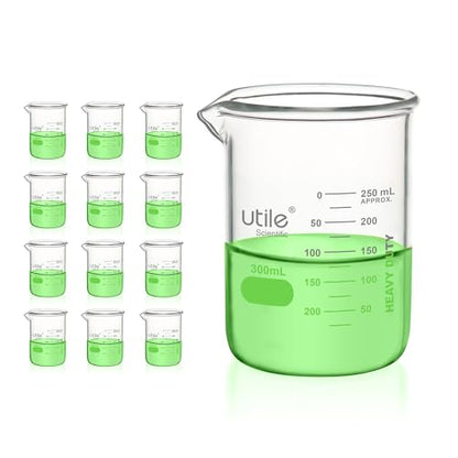 Utile 300ml Beaker Set, 12pcs of 10.2oz Upgraded Thickening Grass Beakers, Low Form Chemical Lab Beakers, Borosilicate 3.3 Glass with Printed Graduation, 4000.0300.12 - style: 300 ml (12pcs)