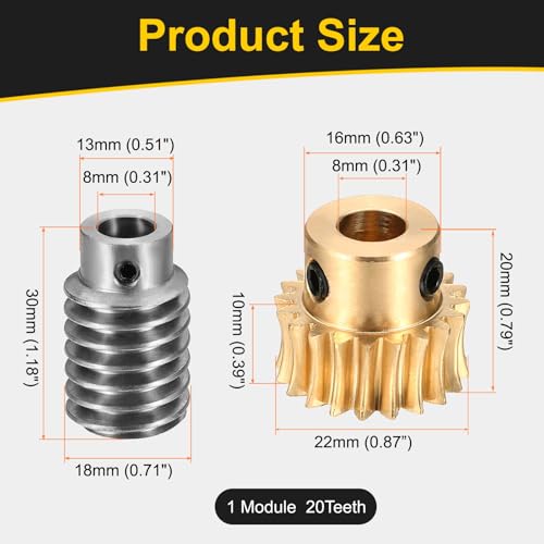 uxcell Worm Gear Set Right Rotation 20T 1 Module 20:1 Reduction Rate - size: Gear-8mm, Worm-8mm Bore, style: 1M-20T